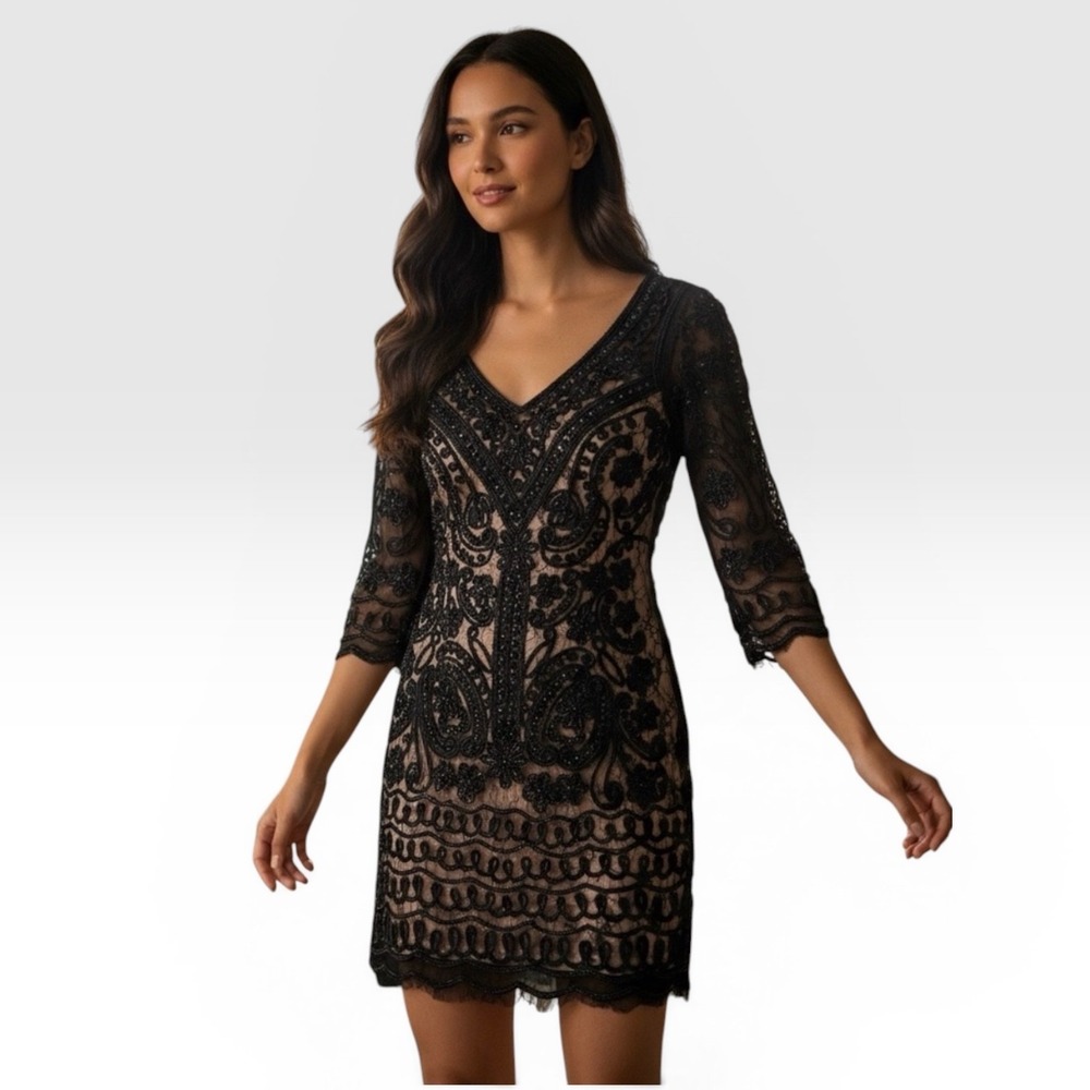 Sue Wong Nocturne Beaded Black Lace Nude Illusion Dress | Size 6